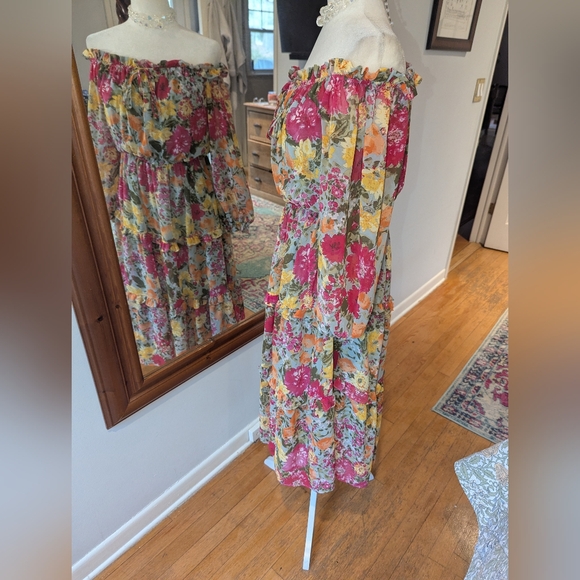 LC Lauren Conrad Off-Shoulder Floral Tiered Maxi Dress in Pink and Yellow - Picture 4 of 7